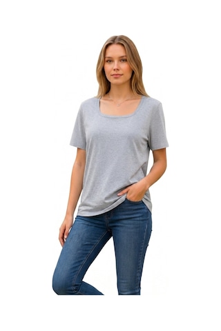 Lyvean Kare Yaka Oversıze Kısa Kollu Tshirt Gri