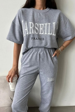 Marseille T-shirt Eşofman Altı Jogger - Gri Baskılı Alt Üst Eşofman Takımı Oversize Bisiklet Yaka Gri