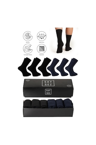 Saysez Bambu Erkek Soket Uzun Siyah-laci Çorap Dikişsiz Premium Kutu 6lı Siyah - Lacivert