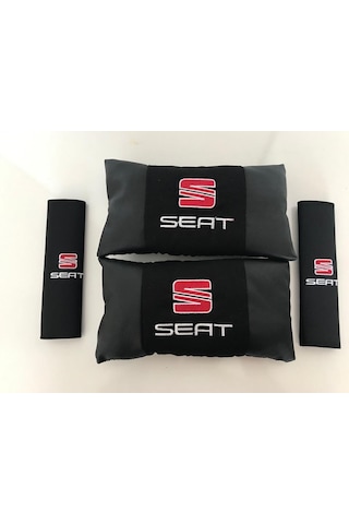 Seat Nakışlı Deri 1 Çift Boyun Yastık Ve 1 Çift Kemer Pedi Siyah