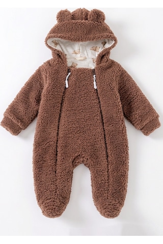 Babymod Kışlık Premium Kalite Kız Peluş Erkek Bebek Tulum Kahverengi
