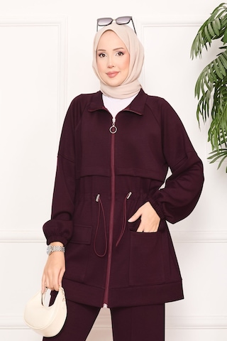 Butik Kadın Fermuarlı Cep Detaylı Tesettür Eşofman Takımı Bordo Bordo