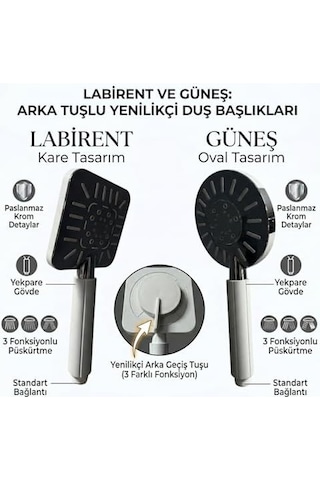 Yenilikçi Arka Tuşlu Duş Başlığı, Kare Ve Oval Tasarım, 3 Fonksiyonlu, Paslanmaz Krom Detaylı, Yekpare Gövde Beyaz, Labirent