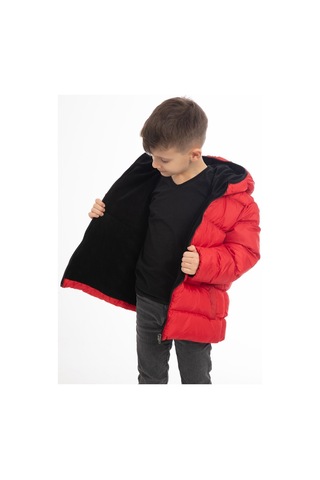 Erkek Çocuk Kırmızı İçi Polarlı Kapüşonlu Su Geçirmez Rüzgara Dayanıklı Şişme Kışlık Mont Kırmızı