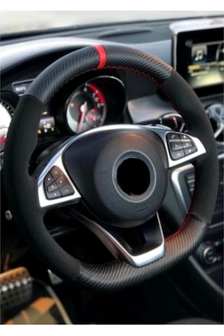 Renault Megane 2 Uyumlu Kırmızı Yüzüklü Nubuk Karbon Dikmeli Dikme Direksiyon Kılıfı