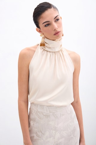 Sateen Boğazlı Kolsuz Bluz - Bej-135951 Bej