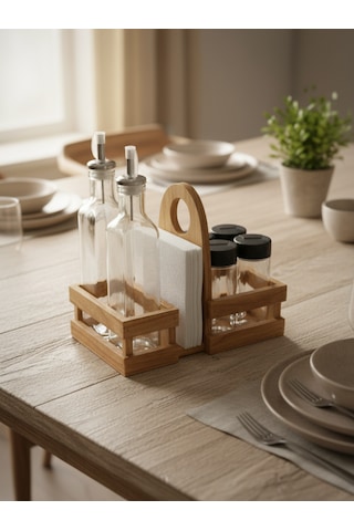 Ahşap Doğal Baharatlık Yağdanlık Ve Peçetelik Takımı Kısa Başlık Set Kiraz 1 Set Ahşap