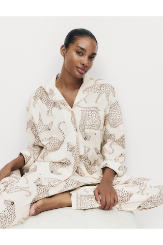 Marks & Spencer Saf Pamuklu Desenli Pijama Üstü T37003656T Krem Mix