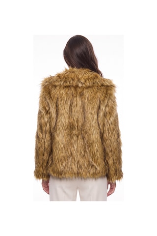Onloox Kadın Camel-siyah Camel Siyah Polyester Suni Kürk Dokulu Geniş Yakalı Kısa Boy Astarlı Premium Ceket