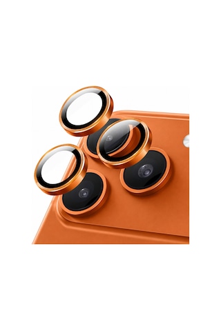Safir Lens İphone 17 Pro Uyumlu Kolay Kurulum Aparatlı Alüminyum Çerçeveli 9h Kamera Lens Koruyucu Turuncu