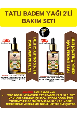 Amazeus Tatlı Badem Yağı 2'li %100 Saf Ve Doğal-soğuk Pres Besleyici Etki 2x50 Ml / 3.4 Fl Oz