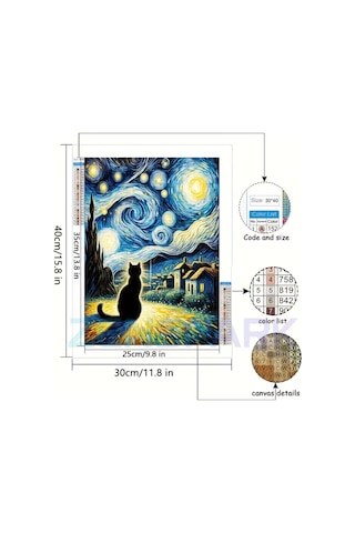 Van Gogh Esinli Siyah Kedi 5d Elmas Boyama Kiti Yıldızlı Gece Yuvarlak Taşlı Çerçevesiz Tuval