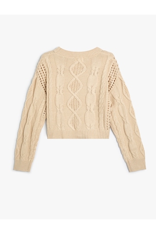 Koton Crop Kazak Ajurlu Yuvarlak Yaka Uzun Kollu Ekru 5wkg90084at