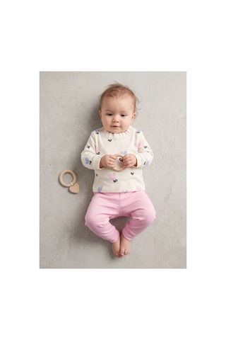 Deniva Kids Kız Bebek Dantel Yaka Kalp Desenli Uzun Kollu Sweatshirt Ve Paçası Ribanalı Tayt/pantolon 2'li Alt Üst Takım Pembe