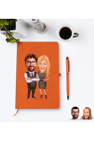 Kişiye Özel Sevgililer Karikatürlü Turuncu Termo Deri Defter Kale N11.2265