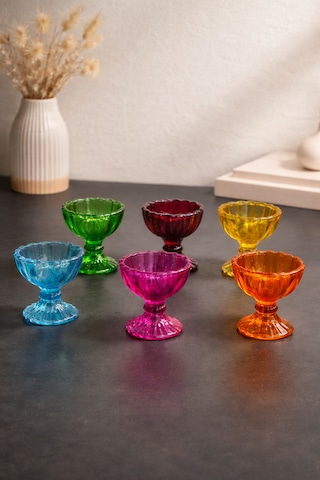 6 Lı Ayaklı Renkli Mini Kristal Cam Lüks Lokumluk Kahve Yanı Sunumluk Kase çok renkli