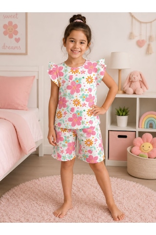 Aliş Kids Kız Çocuk Pamuklu Beyaz Pembe Çiçek Desenli Kolları Fırfırlı Kısa Kollu Şortlu Yazlık Pijama Takımı Pembe Beyaz