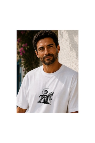 Qmen Style Unisex Beyaz Oversize Baskılı T-shirt Espirili Şans Melağim Baskılı %100 Pamuk