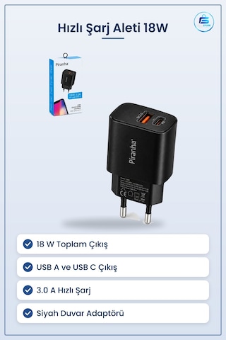 Şarj Aleti 18w 3.0a Hızlı Usb A Ve C Pd Çıkışlı Siyah Ev Tipi Duv