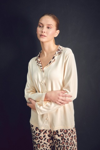 Fullamoda Leopar Desenli Gömlek Yaka 2 Li Pijama Takımı 24mıcg631216532-bej Bej
