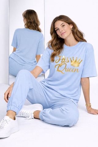 King Queen Sevgili Kombini Oversize Çift Tişört Unisex Partner Ko Mavi
