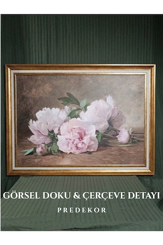 Gold Çerçeveli Vintage Natürmort Dekoratif Tablo - Pembe Çiçekler - 80x60 Cm