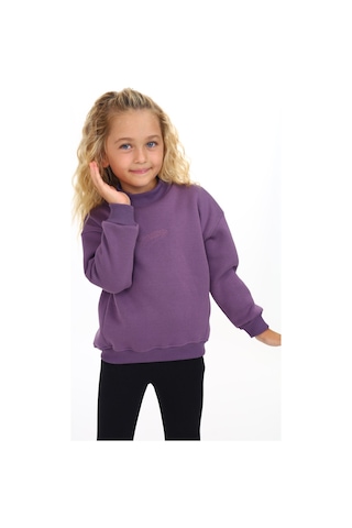 Kız Çocuk Relax Fit Dik Yaka Düşük Omuz Nakış Baskılı Sweatshirt - 3 İplik Şardonlu Mor