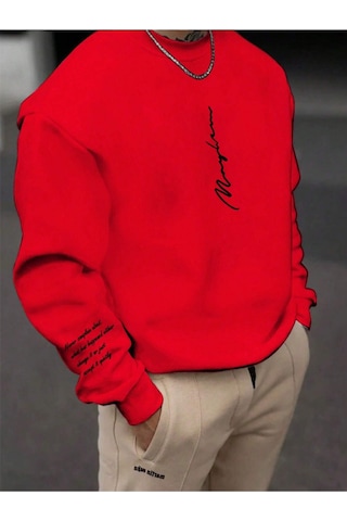 Startmore Kırmızı Unisex Kadın/erkek Never Renkli Oversize Bisiklet Yaka Pamuklu
