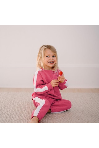 Antebies Organik Pembe,beli Lastikli Bağcıklı Manşetli Kız Bebek Sweatshirt Eşofman Takımı