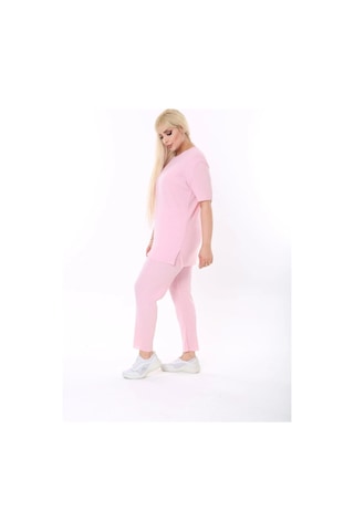 Modasehle Kısa Kollu Beli Lastikli Yırtmaçlı Rahat Kalıp Ikili Kaşkorse Takım Pembe