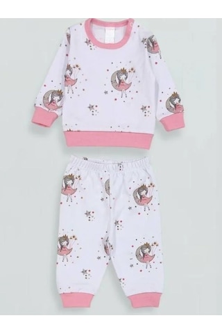 Kız Bebek Desenli Pamuklu Pijama Takım-15340 Beyaz