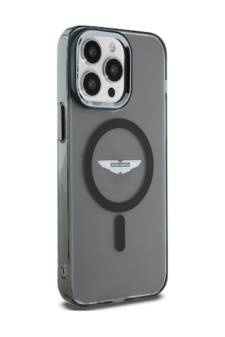 Apple Uyumlu iPhone 14 Pro Max Kılıf Aston Martin Lisanslı Magsafe Baskı Logolu Metal Düğmeli Kapak Siyah