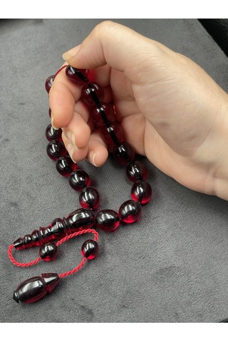 Efe Boy Sistemli İri Tane Koyu Vişne Ateş Kehribar Tesbih 13x15 Mm Bordo