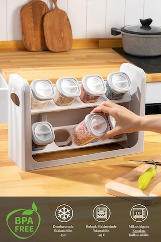 8'li Standlı, Kilitlenebilir Kapaklı Hava Almaz Baharatlık Seti - Bej