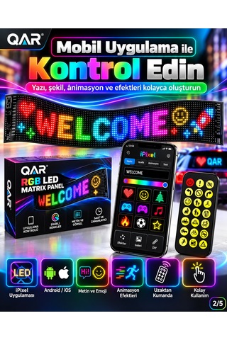 Led Matrix Panel Bluetooth Telefon Kontrollü Programlanabilir Yazı Resim Animasyon Gösteren Rgb Led Ekran Panosu Siyah