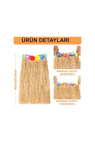 Hawaii Tarzı Hula Eteği 60 Cm Hasır Naturel Etek Bx40 Açık Gri