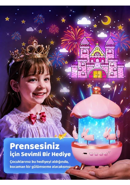 Dönen Tavşanlı Yıldız Projeksiyon Lambası Müzikli Led Gece Lambası Çocuk & Bebek Odası Uyku Lambası Pembe