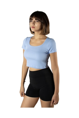 Terapi Men 2'li Paket Mavi Siyah Havuz Yaka Fitted/vücuda Oturan Kısa Kol Crop Tişört Mavi Siyah