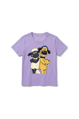 Urbantrendstore Koyun Shaunn Bitzer Baskılı Unisex Kız Çocuk Erkek Çocuk Bisiklet Yuvarlak Yaka Basic Kısa Kollu %100 Pamuk Tişört Lila