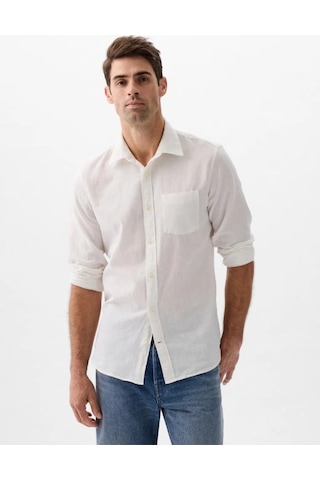 Gap V-ls Standard Lınen Cotton Keten Karışımı Beyaz Gömlek 885302000-13508 Beyaz