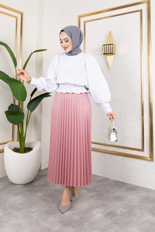 Hira Life Fashion Kadın Tesettür Giyim Ve Deri Görünümlü Beli Lastik Detayı İle Piliseli Uzun Etek Gül Gül
