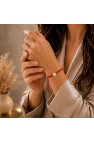 Seven Kuyumculuk 14 Ayar Altın Van Cleef Model Şans Yoncası Makrome Bileklik Kırmızı