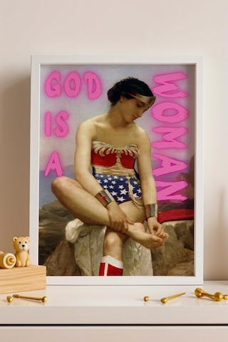 God Is A Woman Çerçeveli Tablo Vintage Görünümlü Feminist Duvar Sanatı Altered Art