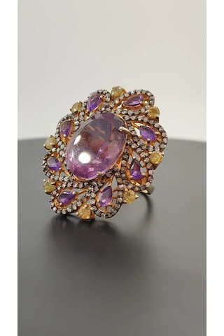 925 Ayar Gümüş Ametist Elmas Yüzük 256 Altın