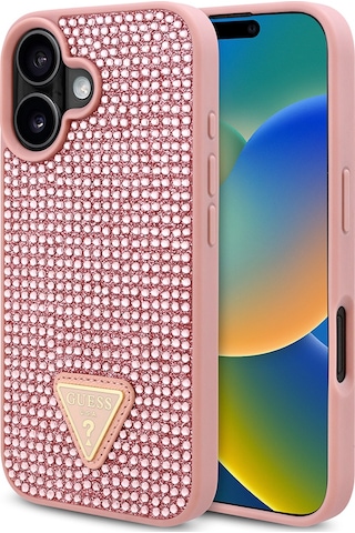 Apple Uyumlu iPhone 16 Plus Kılıf Guess Lisanslı Üçgen Logolu Taşlı Kapak Pembe