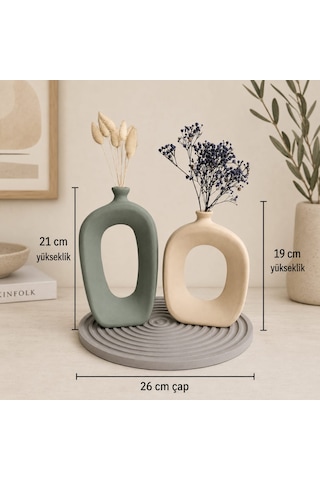 Momiko El Yapımı Modern Bohem Beton Vazo Seti Dekoratif Kemerli İkili Vazo & Yuvarlak Altlık Premium Seri Adaçayı-bej-vizon