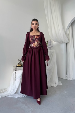 Nils Boutique Vintage Korsajlı Midi Elbise Bordo