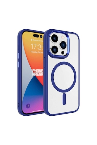 Apple Uyumlu iPhone 15 Pro Max Kılıf Wireless Şarj Özellikli Zore Krom M-safe Silikon Kapak Lacivert