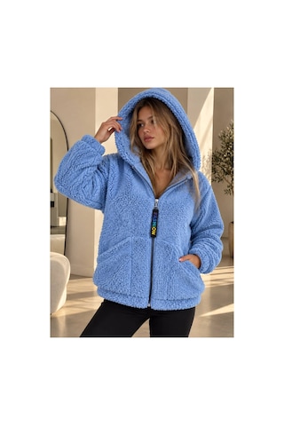 Öners Kadın Kapşonlu Peluş Fermuarlı Sweat Oversize Yumuşak Polar Hoodie Kışlık Sıcak Tutucu Mavi Mavi