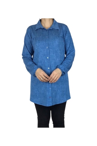 Mevsimlik Kolları Lastikli Boydan Düğmeli Gömlek Mavi